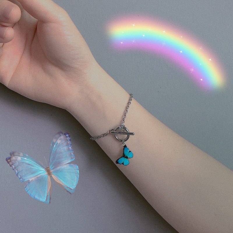 

2020 Kpop Aesthetic Blue Butterfly Stainless Steel OT Buckle Bracelet Lovers Bracelet Hand Ornaments For Women Egirl BFF Jewelry