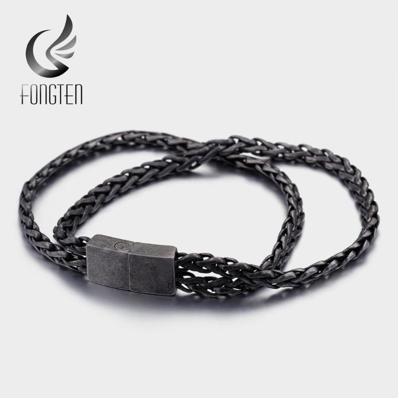 

Fongten Vintage Black Link Chain Long Retro Stainless Steel Bracelet Men Fashion Jewelry