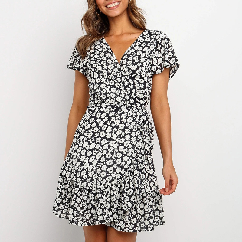 

New Floral Print Self Tie Wrap Summer Dress For Women V Neck Short Sleeve Sexy Mini Dresses Femme Ruffles A Line Beach Vestidos, As pic