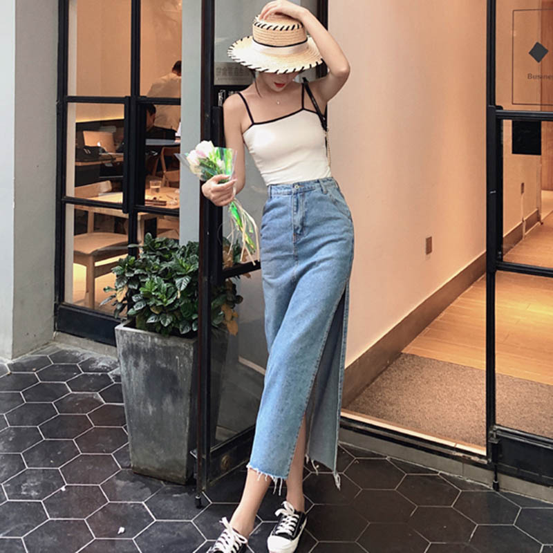 

Split Long Denim Skirts Women Button Pockets Jeans Skirts Summer Korean Vintage Sexy Midi Wrap Skirt Plus Size Casual, Blue