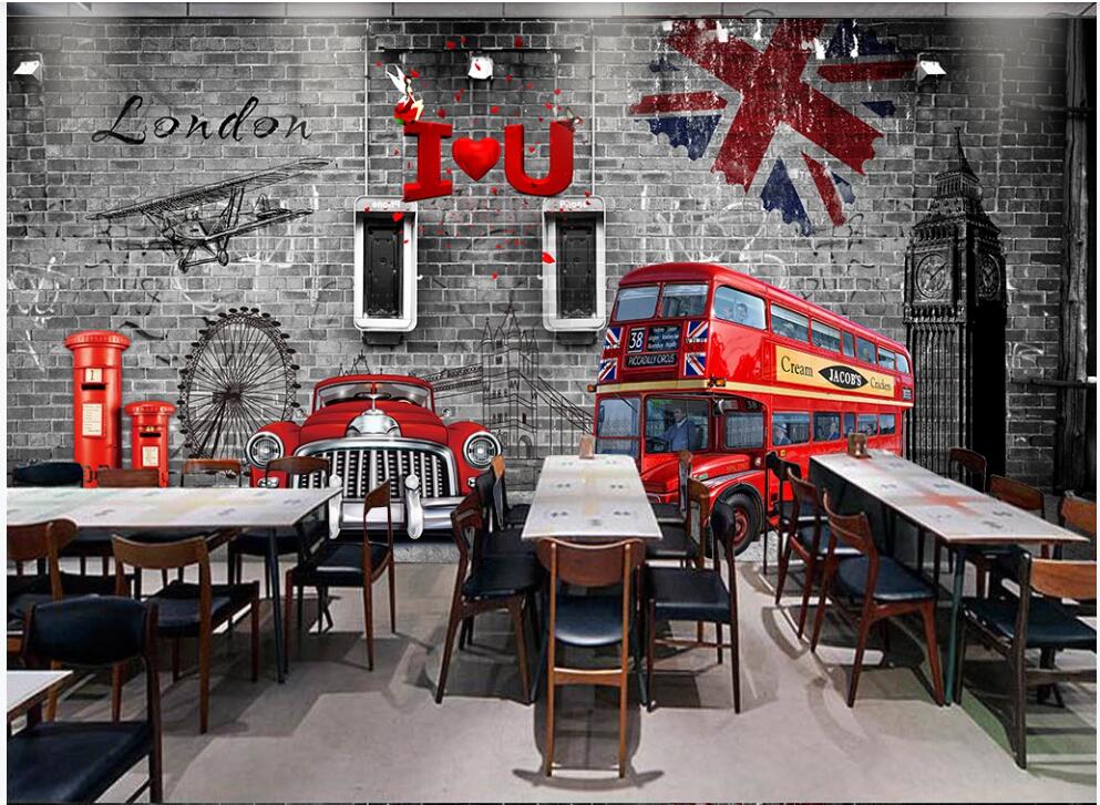 

Custom mural photo wallpaper 3d Brick wall British style car bus home decor living room wallpaper for walls 3 d in rolls, Non-woven wallpaper