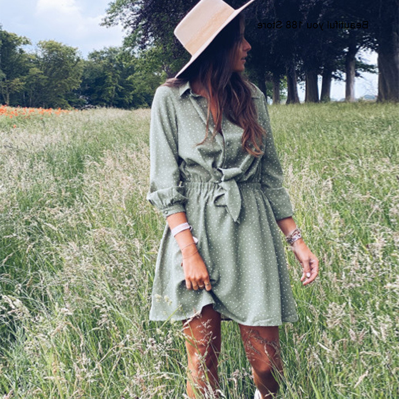 

women' 2020 new shirt collar solid color polka dot dress, Green