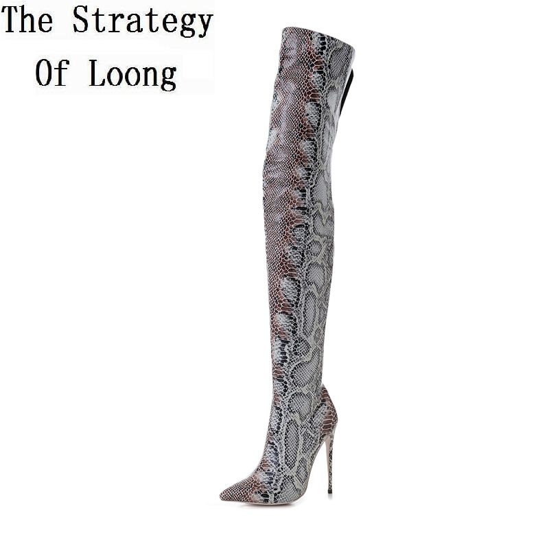 

2020 New Pointed Toe Snake Print Thin High Heels Thigh High Women Long Boots Winter Lady Over The Knee Boots 20201215, Snake printing