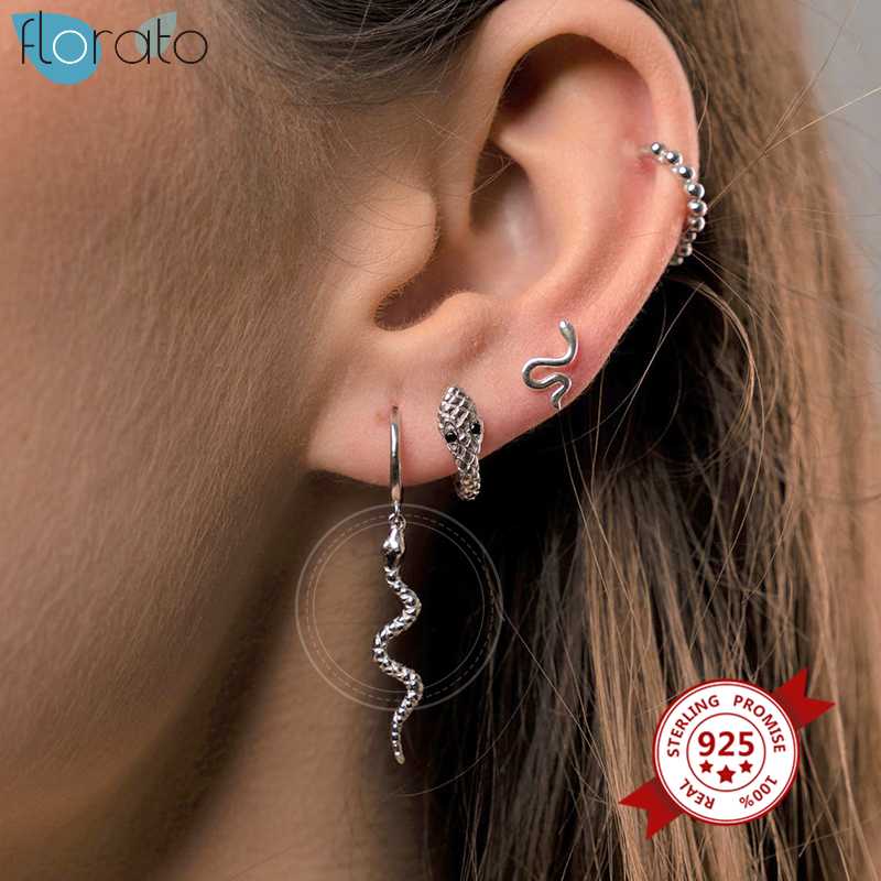 

925 Sterling Silver Snake Hoop Earrings For Women Punk Small Round Circle Huggie Prevent Allergy Earrings Fashion Jewelry
