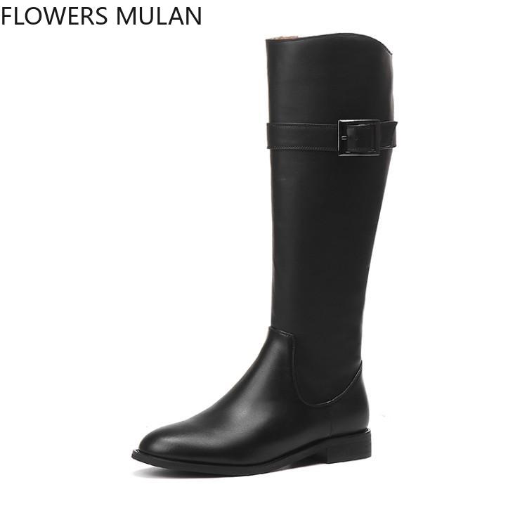 

Knight Boots Women Knee High Round Toe Side Zipper Zapatos De Mujer Chunky Heel Winter Shoes Woman Black Leather Womens Shoes