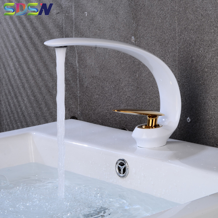 

Bathroom Faucet SDSN Deck Mounted White Gold Basin Faucet Singl Lever Bathroom Basin Quality Brass Mixer Tap