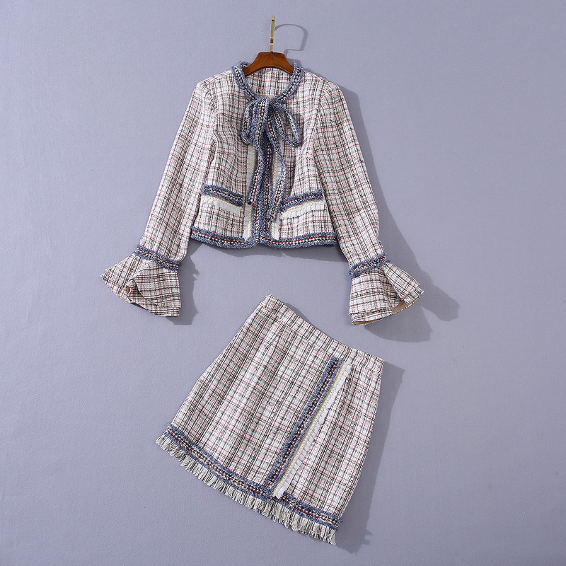 European and American women's wear 2020 autumn new style Long - sleeved bow jacket Fringed skirt Fashionable tweed suit-image-584813378