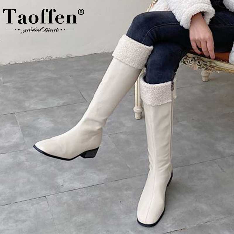 

TAOFFEN Real Leather Women Knee Boots Flats Rouns Toe Zipper Shoes Winter Warm Boots Women Fahion Party Footwear Size 33-40, Beige
