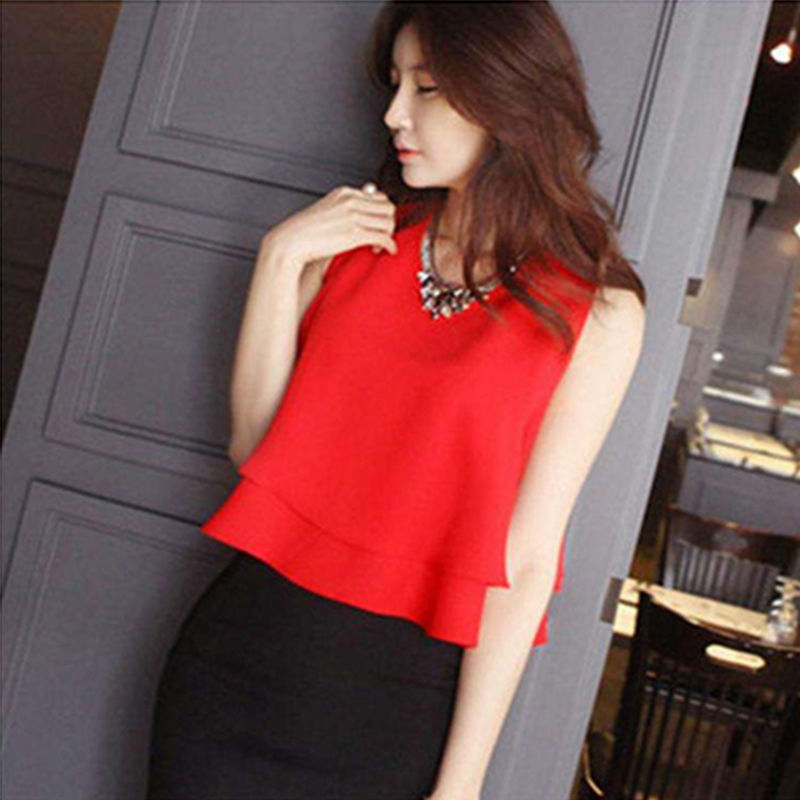 

Women Shirts Summer New Style Lotus Leaf Collar Solid Color Sleeveless Chiffon Shirt Blouse Female Fashion Brand Large Size, Yellow