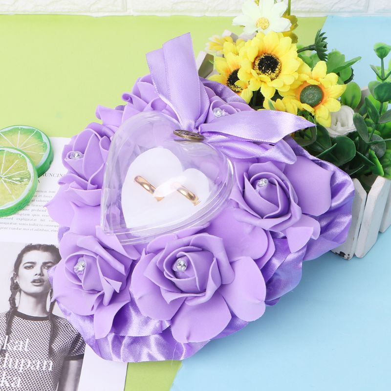 

Romantic Rose Wedding Favors Heart Shape Rhinestone Gift Ring Box Pillow Cushion, Beige