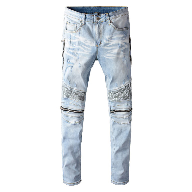 

Men's light blue bandanna paisley printed patchwork biker jeans Streetwear zippers stretch denim skinny pants, Sky blue