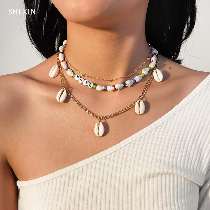 

SHIXIN 3 Pcs/Set Bohemia BABE Letters With Shell Necklace for Women Summer Handmade Conch Choker Necklaces on Neck 2020 Fashion