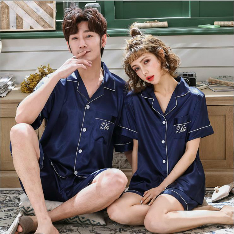 

Summer new ice silk couple pajamas Short-sleeved men and women V-neck cardigan silk clothing suit wholesale