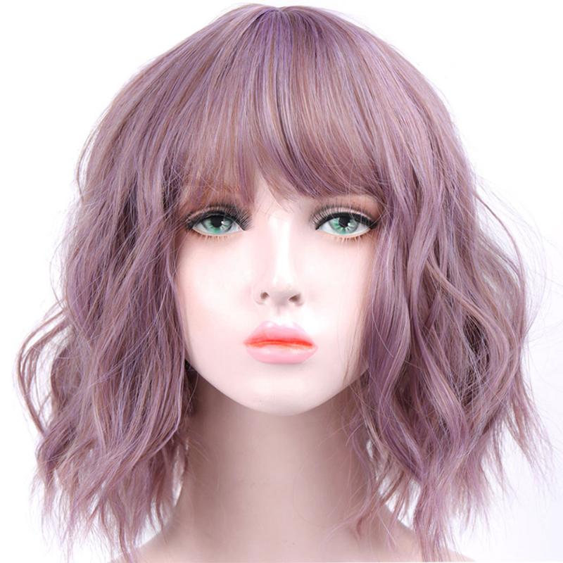 

JINKAILI Short Wavy BOB Wigs for Black Women African American Synthetic Hair Purple Wigs with Bangs Heat Resistant Wig, 2i33