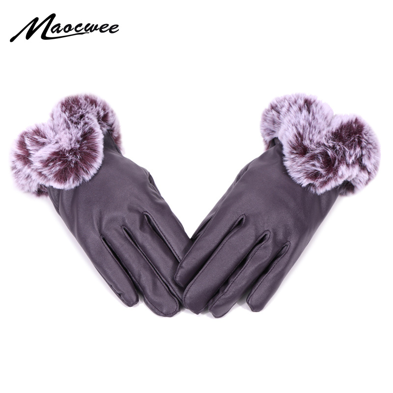 

Winter Female Gloves PU Leather Short Thick Black Touch Screen Gloves Faux Fur Woman Outdoor Gym Car Full Finger Driving Mittens