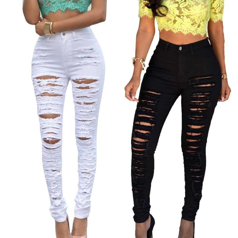 

Sexy Women Destroyed Ripped Denim Jeans Skinny Hole Pants High Waist Stretch Jeans Slim Pencil Trousers Black White Blue
