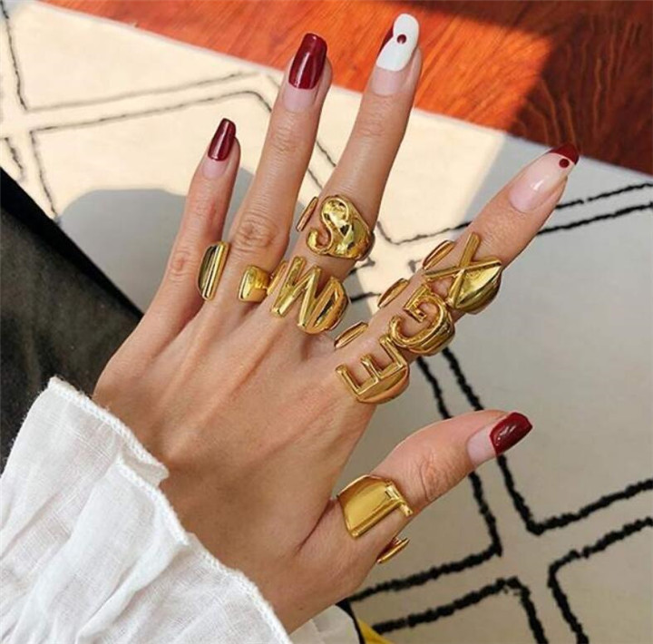 

Hollow A-Z Letter Gold Color Metal Adjustable Opening Ring Initials Name Alphabet Female Party Chunky Wide Trendy Jewelry T598