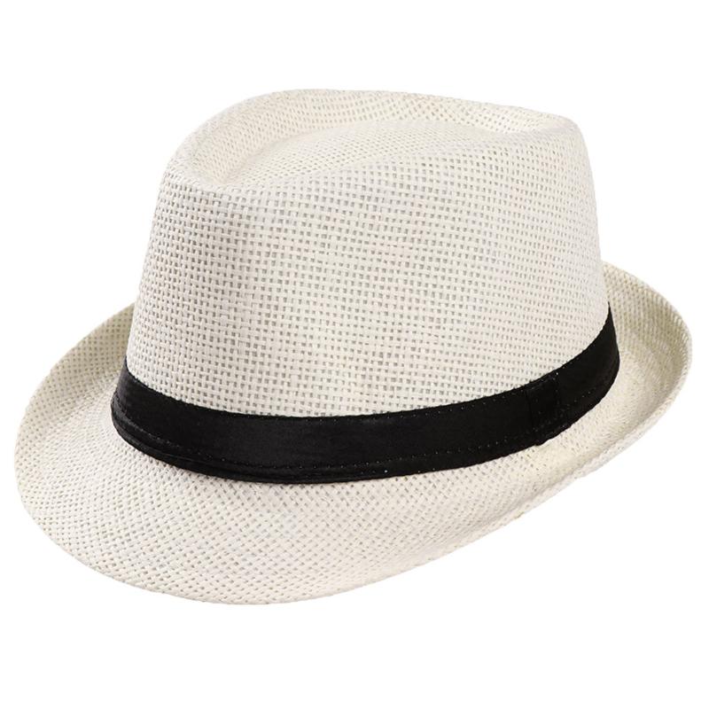 

Summer Unisex Women Men Fashion Summer Casual Trendy Beach Sun Straw Jazz Hat Cowboy Fedora hat Cap Ribbon, White
