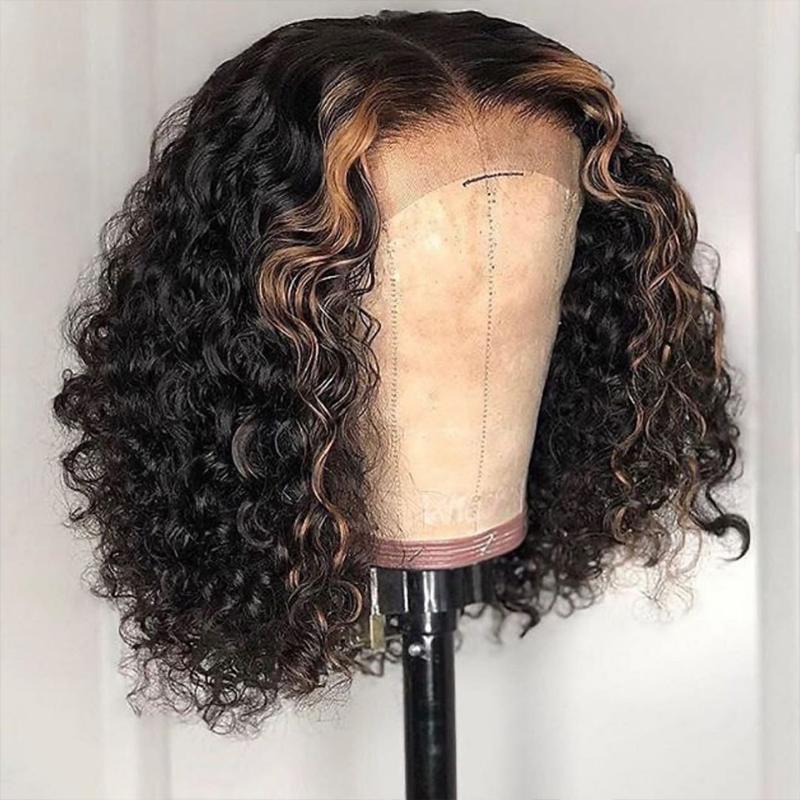 

150% Curly Bob Wig M1B/27 Ombre Color Human Hair Wigs 4x4 Closure Wig For Women Remy Brazilian Hair Baby Pre Plucked, As pic