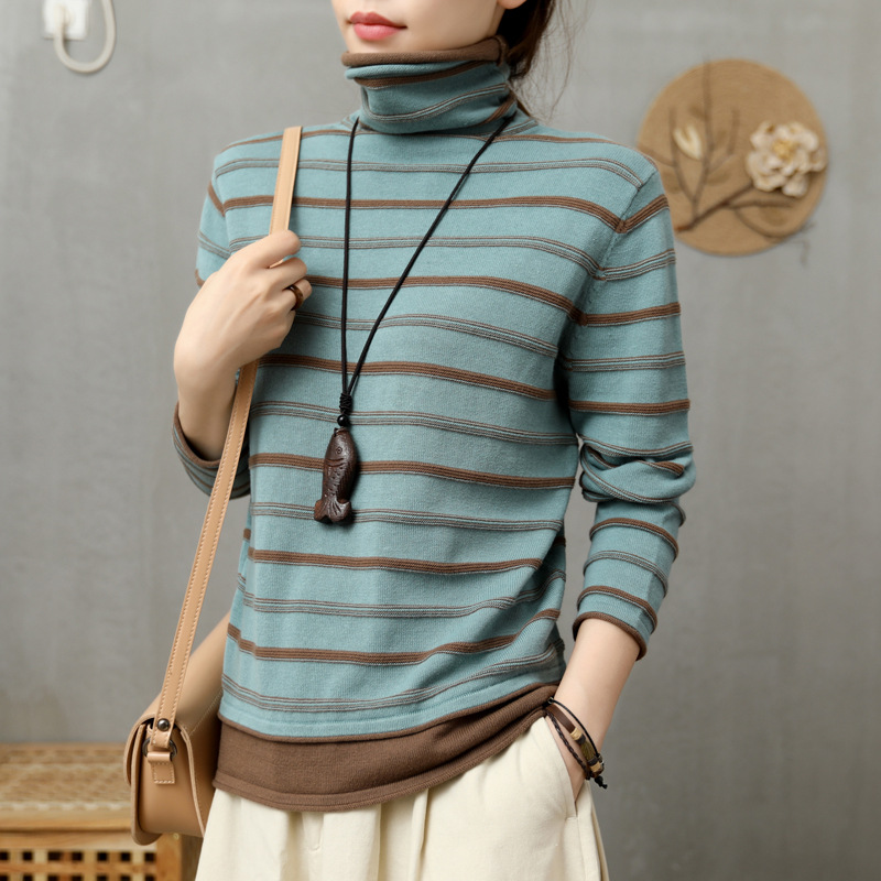 

2020 new high-neck striped long-sleeved slim fit plus size fashion casual all-match loose bottoming shirt autumn and winter, Black