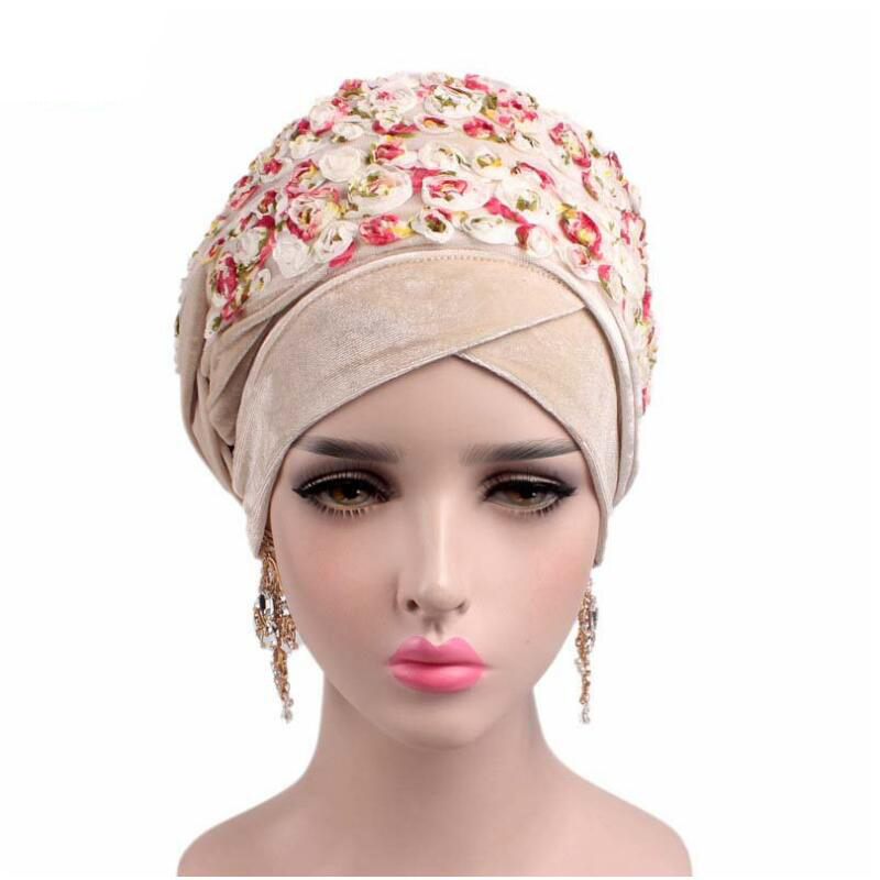 

New Women Luxury Velvet Turban Hats Multifunctional Head Wrap 3D Rose Flower Turban Extra Long Tube Head Wrap Scarf Turbante, Beige