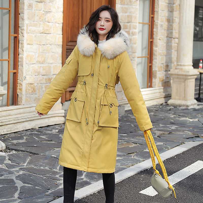 

Plush cotton jacket women' mid-length big fur collar 2020 winter new style over-the-knee plush thickened waist cotton coat 29a, As pic
