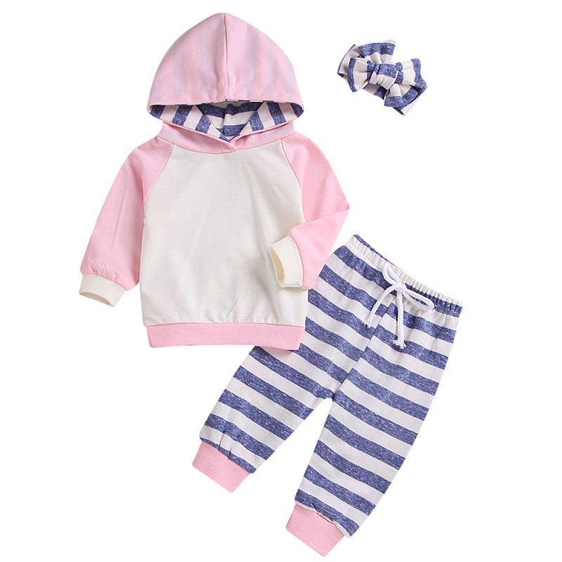 

Newborn Baby Boys Girls Home pajamas Fall Girl clothing set Hooded Sweatshirt Pants Striped hoodie Infant kids clothes Baby Set, Pink