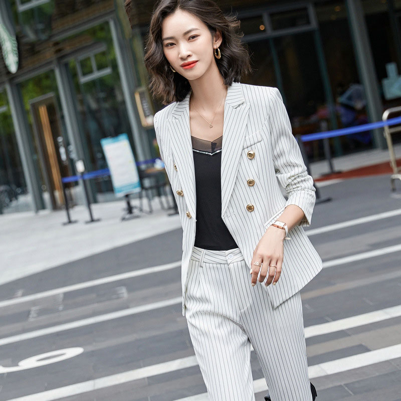 

Women' Two Piece Pants Business Pant Suits 2 Set For Women Interview Suit Uniform Slim Blazer And Pencil Office Lady, Blue stripe skirt