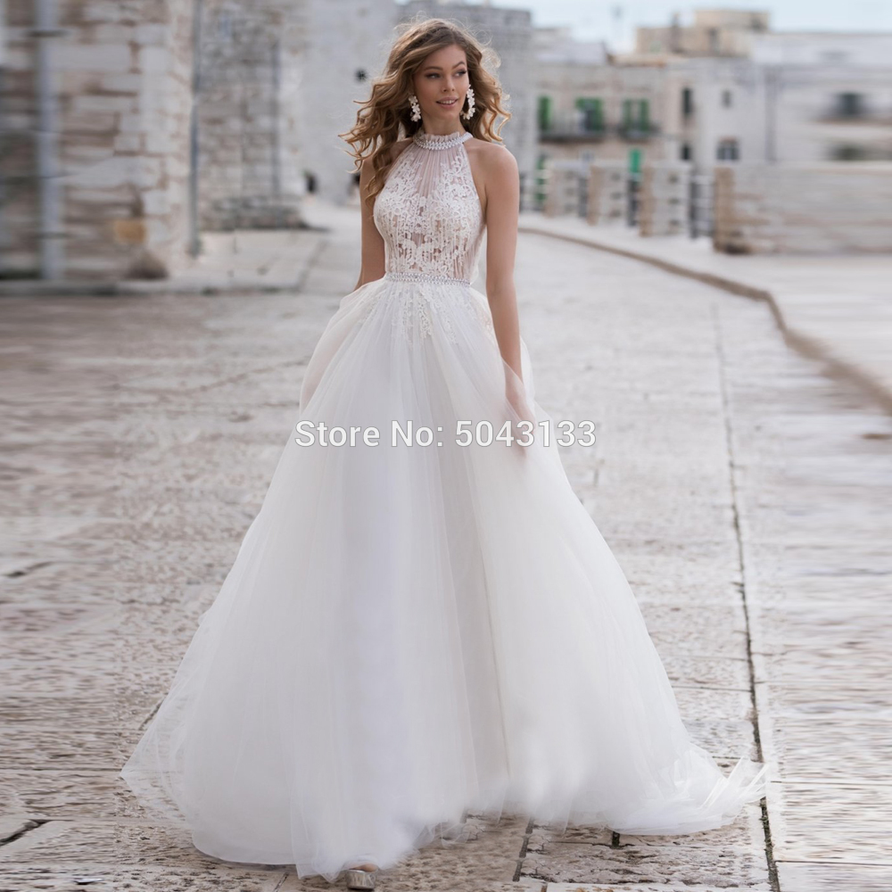 

Cheap Halter A Line Soft Tulle Wedding Dresses 2021 Inside Lace Appliques Beaded Sash Sleeveless Floor Length Turkey Bridal Gown, Same as image
