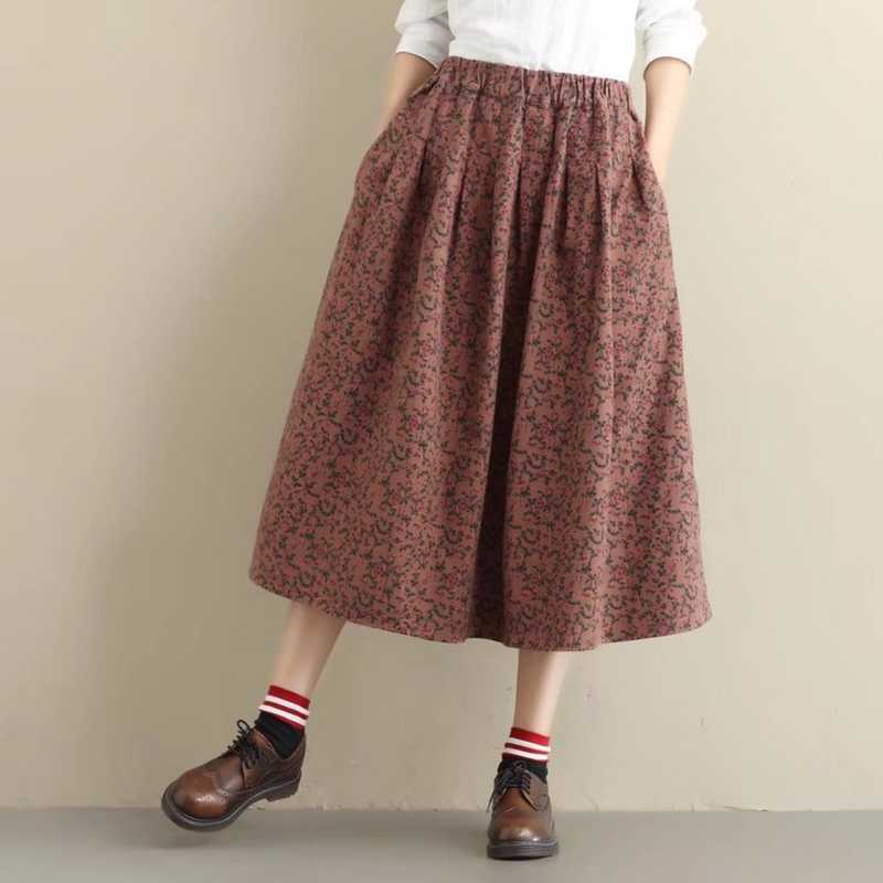 

2020 New Arrival 100% Cotton Print Skirts Women Vintage Loose All Match Pleated Mid-calf Natural Waist Fashion Saia, Navy