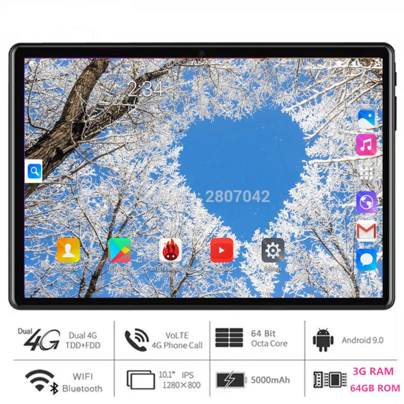 

2020 Newest Tablet PC 10 Inch Android 9.0 Octa Core 3GB+64GB ROM 4G FDD LTE Dual SIM 2.5D Glass Screen WiFi Bluetooth GPS, Black
