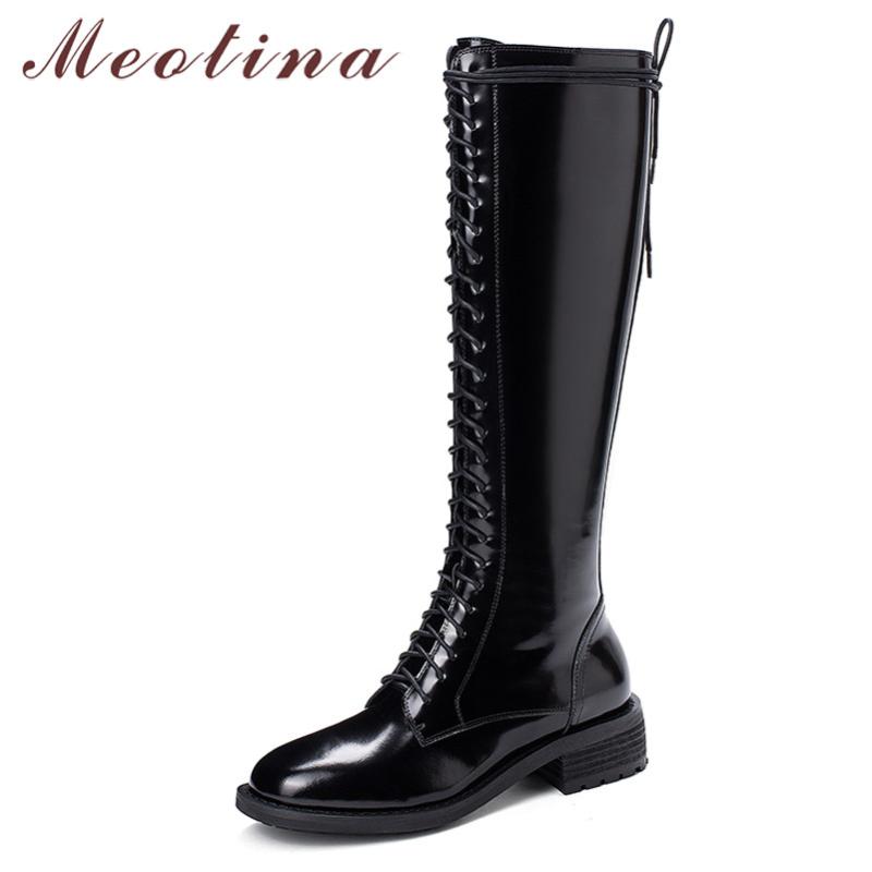 

Meotina Winter Knee High Boots Women Natural Genuine Leather Thick Heel Long Boots Zipper Round Toe Shoes Lady Autumn Size 33-43, Black synthetic lini