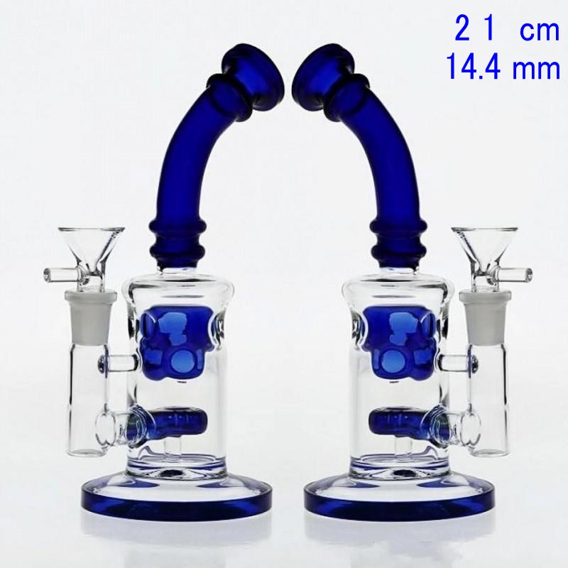 

21cm Royal Blue Glass Bongs with Bowl Joint 14.4mm Thick Base Perc dab rig Bongs Water Pipes Recycler Oil Rigs in stock Hookahs Stock Bong