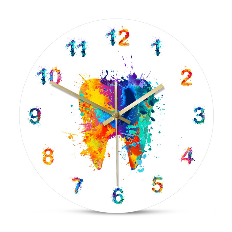 

Watercolour Tooth Painting Print Wall Clock Clinic Wall Art Non Ticking Watch Orthodontist Dentist
