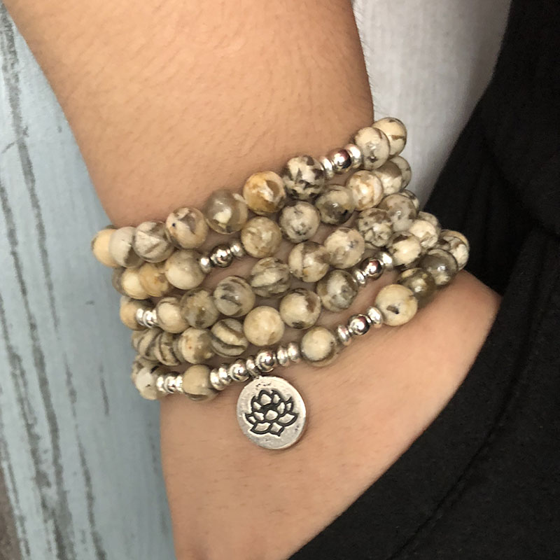 

5 Wraps Albite J-asper Bracelet For Men Trendy 108 Mala Yoga Bracelet or Necklace Om Charm Soda Feldspar Wraps Lotus