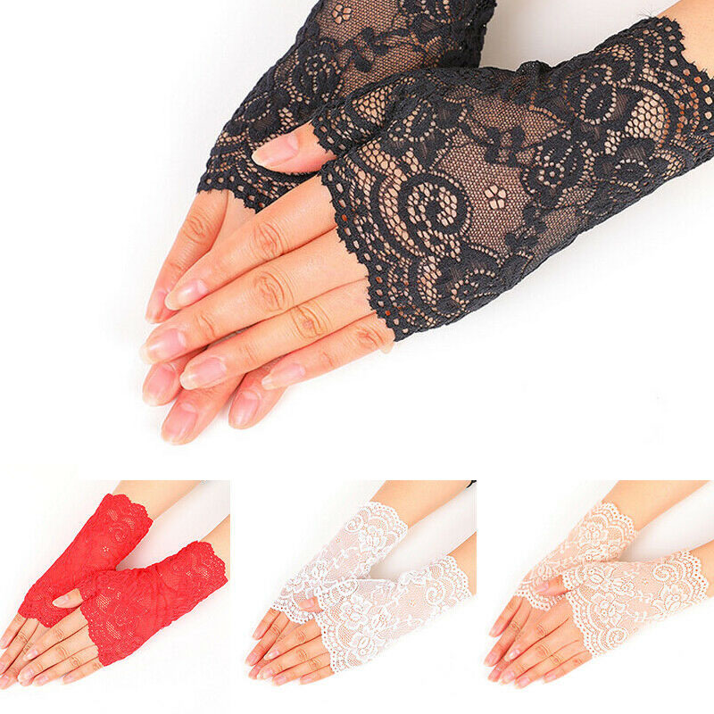 

Black Lace Gloves Fingerless Women Sexy Winter White Red Ladies Half Finger Fishnet Gloves Heated Mesh Mitten Femme Bride
