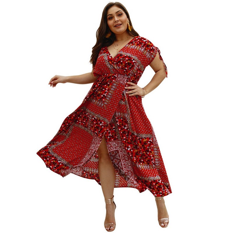 

Plus Size 4xl Bohemian Print Dress 2020 Summer New Women Sexy V-neck Medium Long Dress Casual Boho Ladies Dresses, Army green