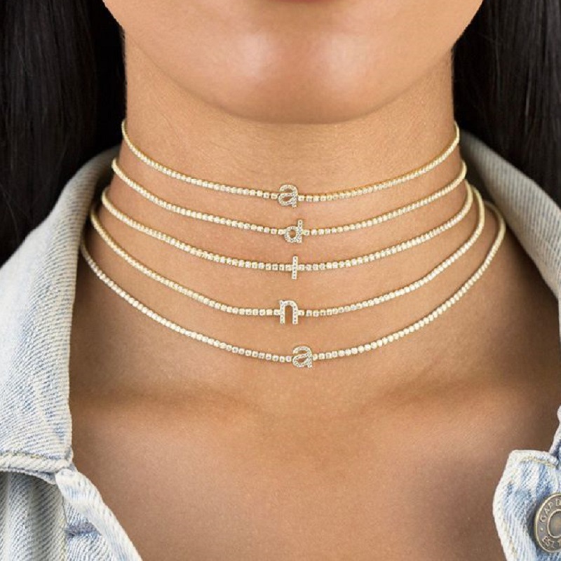 

New Crystal Initial Letter Choker Necklaces For Women Alphabet Pendant Necklace Rhinestone Collares Chain Goth Jewelry