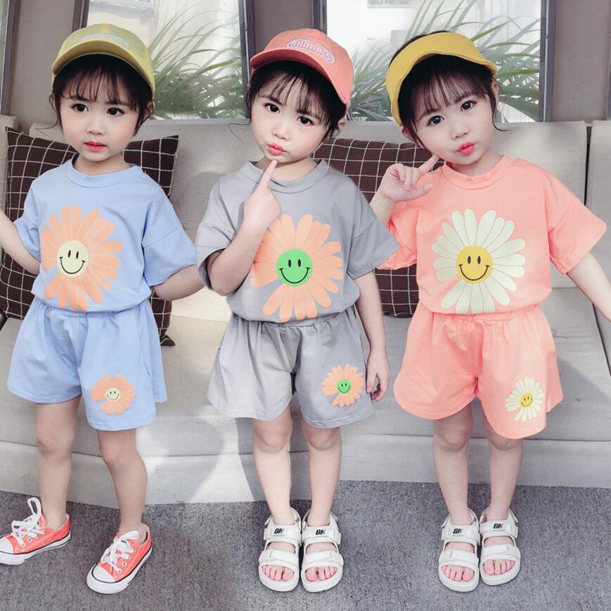 

Summer Girls Clothing Sets Baby Kids Clothes Suit Smiley Face Sunflower Cotton Short Sleeve Suit For Girls, Blue