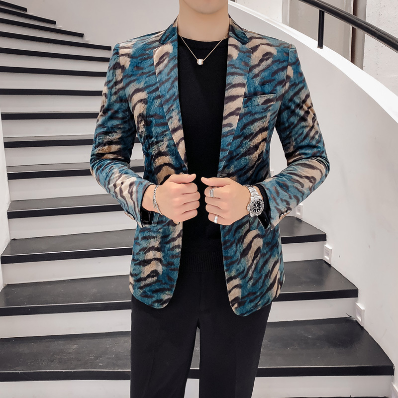 

Winter Suit Autumn Jacket Design Leopard Print Velvet Club Party Prom Jacket Men Blazer Mandarin Slim Fit Blazer Homme, As pictured