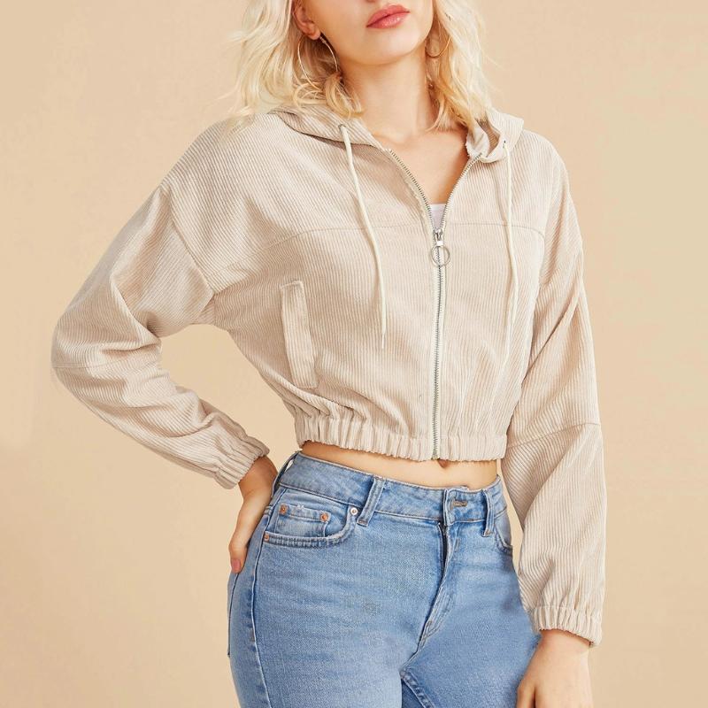

Cropped Hoodies Jackets Women Hooded Casual Solid Corduroy Zip-Up Pocket Shirt Hooded Sweatshirt Female Cropped Jacket Coats, Wine