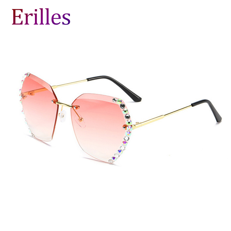 

Sunglasses 2021 Vintage Rimless Women Brand Designer Gradual Rhinestone Sun Glasses Ladies Female Shades For Uv400