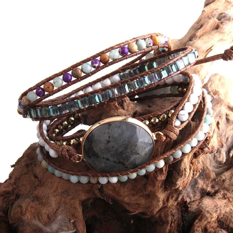 

RH Fashion Handma Bohemian Jewelry Boho Armbander Natural Stones Big Charm 5 Strands Wrap Bracelets DropShipping