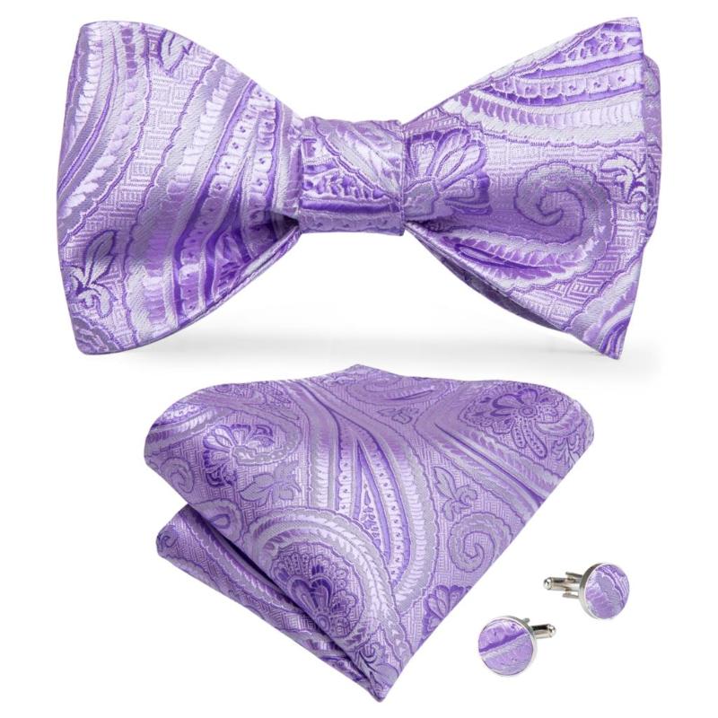 

Light Purple Paisley Mens Classic Silk Bowtie Necktie For Men Wedding Party Adjustable Bow Tie Hanky Cufflink Set DiBanGu LH-090