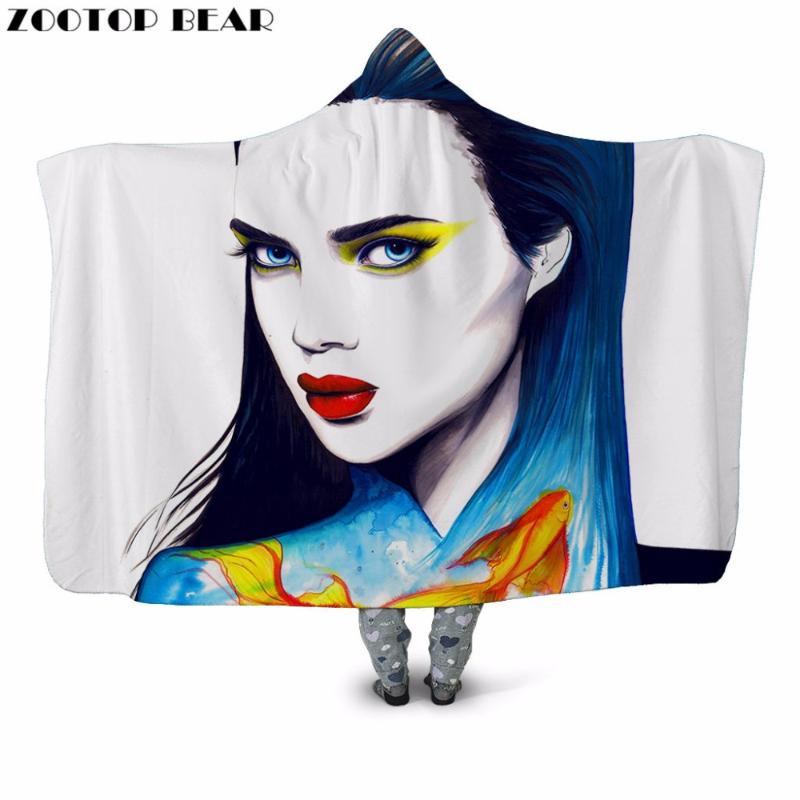 

Lady Fish 3D Print Plush Hooded Blanket for Adult Youth Child Warm Wearable Sofa Fleece Throw Blanket Home Office Washable