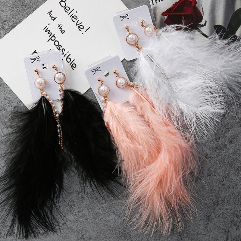 

Japan Korean Fashion Sweet Feather Drop Earrings Simulated Pearls Tassel Rhinestone Chains Long Dangle Earring for Women Jewelry