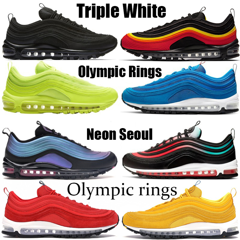 

New 97OG Running Shoes Magma Orange Men Womens Triple white hot black Volt Neon Seoul Cushion Breathable Olympic USA South Beach sneakers, 32 silver white