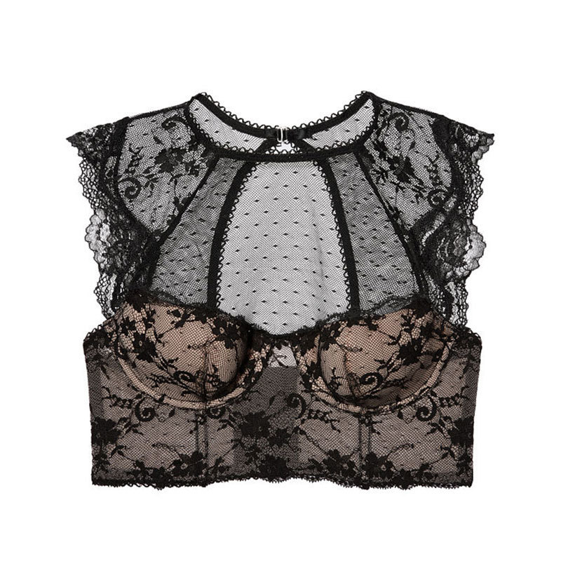 

Missomo Fashion Women's Openwork Back Carefully Cut Vest Bra Chest Hanging Neck Sexy Lace Perspective Seamless Bra, Black