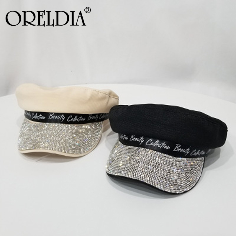 

Fashion Ladies Luxury Flat Top Hat Wild Painter Style Hat Octagonal Retro Girl Shiny Rhinestone White Letter Beret 2020 New, Mz001-3