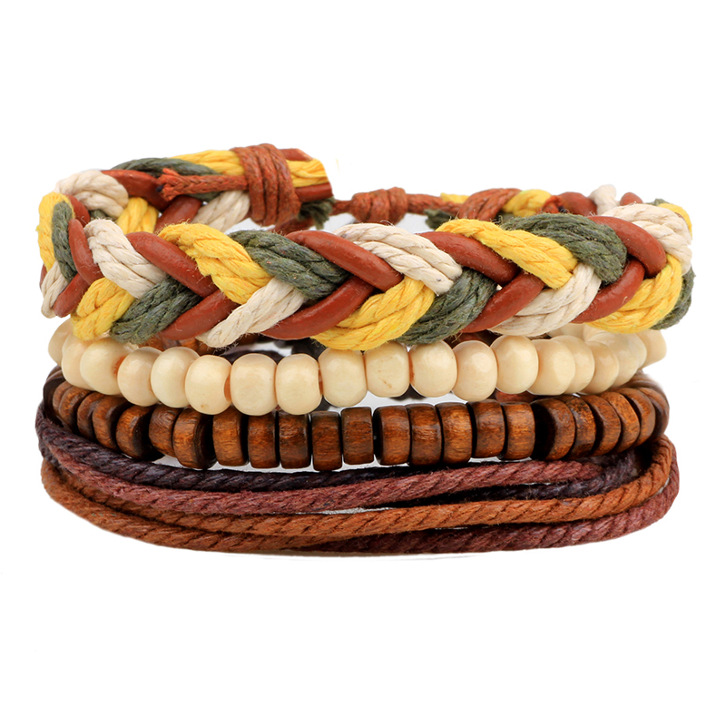 

Charm Bracelets 4PCS Handmade Colorful String Rope Men Woven Leather Bangles For Women Multilayer Wood Bead Jewelry